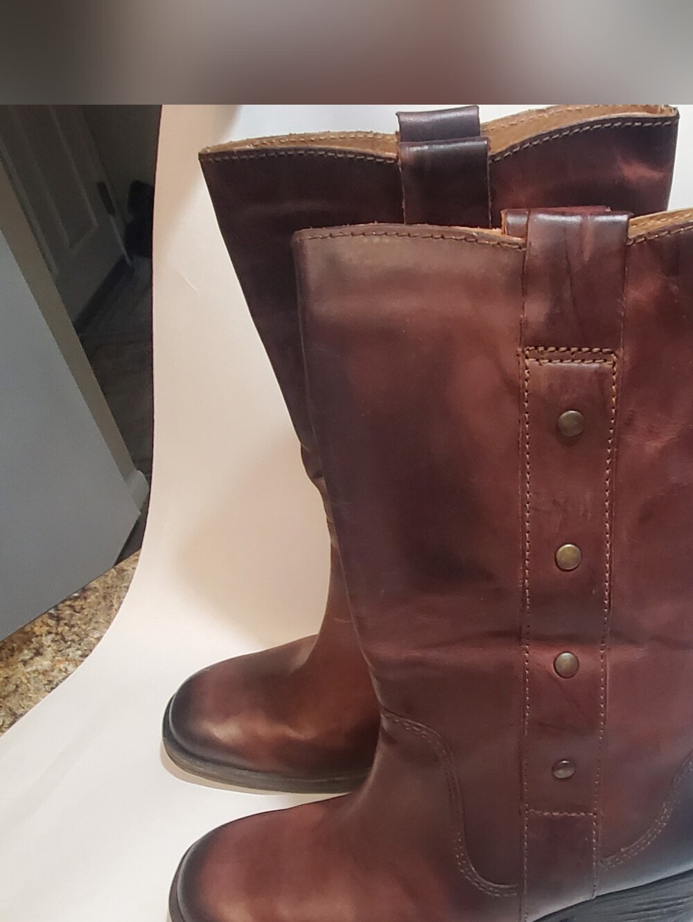 BORN BROWN STUDDED MID CALF BOOTS. 9.5/ 41. S LIP ON LEATHER